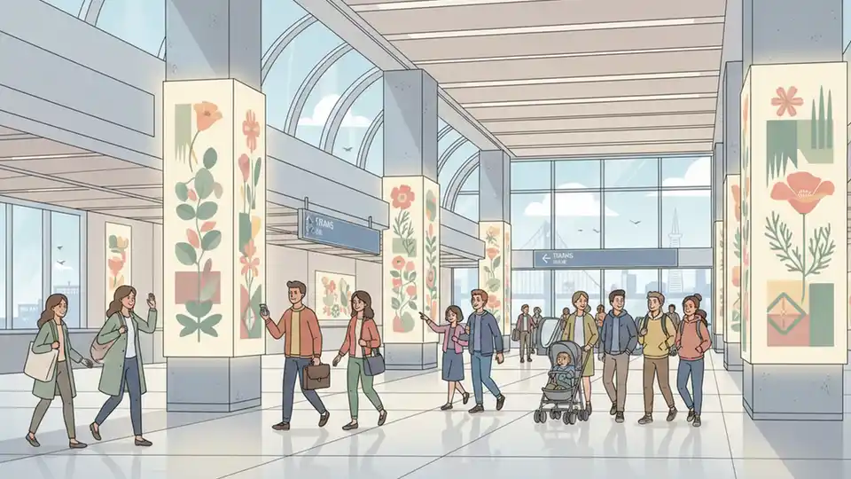 A modern BART station concourse with illuminated light boxes displaying colorful botanical artwork, commuters walking past with natural light filtering through the space