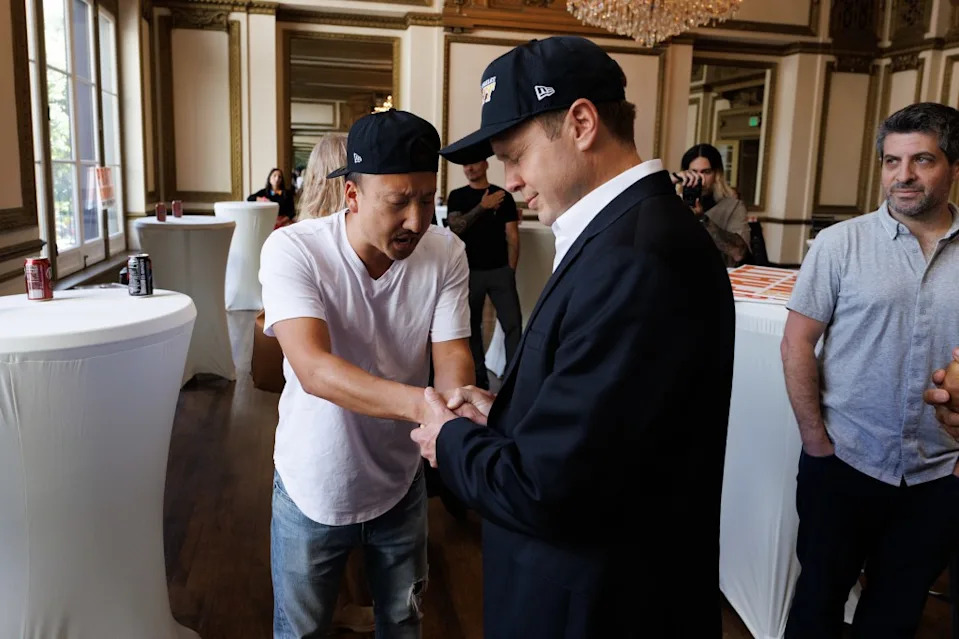 An attendee pauses to pray with mayoral candidate Spencer Pratt during Saturday’s campaign event at the historic Alexandria Hotel in downtown Los Angeles. Jonathan Alcorn for CA Post