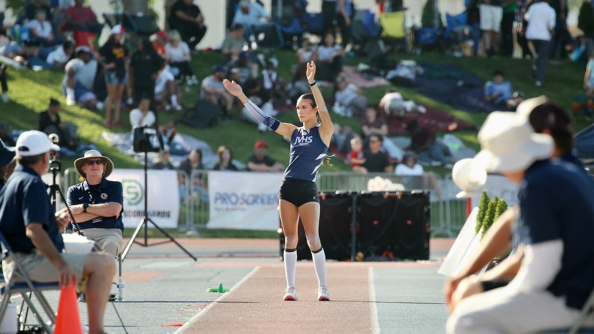 AB Hernandez about to jump for the athlete's last meet in high school on Saturday, Sept. 31, 2026 at Veteran's Memorial Stadium in Clovis, California.