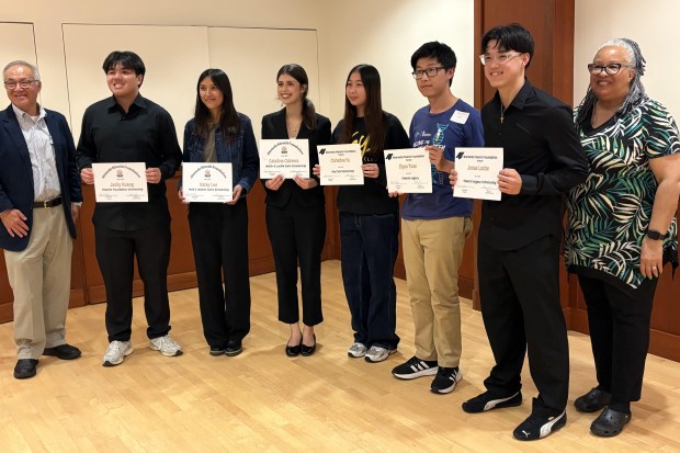 The Alameda Kiwanis Foundation has awarded 2026 scholarship winners Jacky Kuang (Alameda Science and Technology Institute), from left, Katey Lee (Encinal High), Catalina Cabrera (Encinal High), Christine Yu (Encinal High School), Ziyao Yuan (ASTI) and Jonas Locke (Encinal High). (photo courtesy of Patricia Bowen)