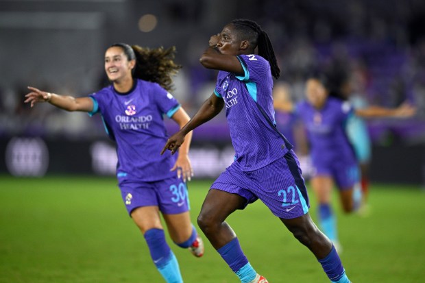Orlando Pride forward Barbra Banda (22) celebrates after scoring a goal during an NWSL soccer match against the Chicago Stars, Friday, March 14, 2025, in Orlando, Fla. (AP Photo/Phelan M. Ebenhack)