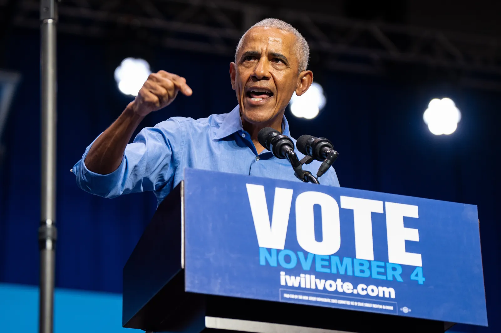 Former President Barack Obama speaks at a rally for New Jersey Democratic gubernatorial candidate Mikie Sherrill, Saturday, Nov. 1, 2025, in Newark, N.J.