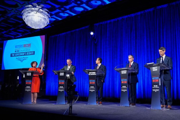 From left, Katie Porter speaks as Chad Bianco, Antonio Villaraigosa, Xavier Becerra and Matt Mahan listen during a California gubernatorial debate hosted by CBS Bay Area and the San Francisco Examiner in San Francisco, Thursday, May 14, 2026. (AP Photo/Godofredo A. Vásquez, Pool)