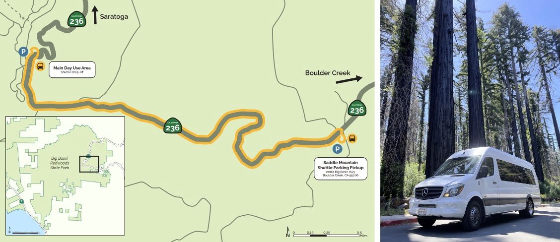 Left: Map of State Park shuttle route from the interim Saddle Mountain shuttle parking to the park’s main day-use area. Right: State Park shuttle at the main day-use shuttle drop-off. 
