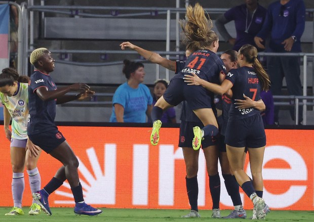 Bay FC players celebrate after Caroline Conti's goal during the Bay FC at Orlando Pride NWSL soccer match at Inter&Co Stadium in Orlando on Friday, May 29, 2026. (Stephen M. Dowell/Orlando Sentinel)