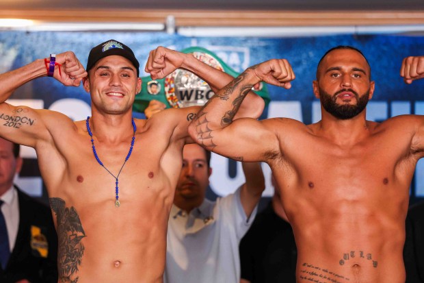 Yamil Peralta, of Argentina, left, and Robin Safar, of Las Vegas, flex their muscles during an official weigh-in ahead of their WBC Silver Cruiserweight title fight at the Hayes Mansion in San Jose, Calif., Thursday, May 21, 2026. (Ray Chavez/Bay Area News Group)