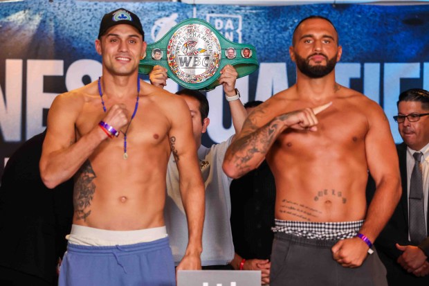 Yamil Peralta, of Argentina, left, and Robin Safar, of Las Vegas, strike poses during an official weigh-in ahead of their WBC Silver Cruiserweight title fight at the Hayes Mansion in San Jose, Calif., Thursday, May 21, 2026. (Ray Chavez/Bay Area News Group)