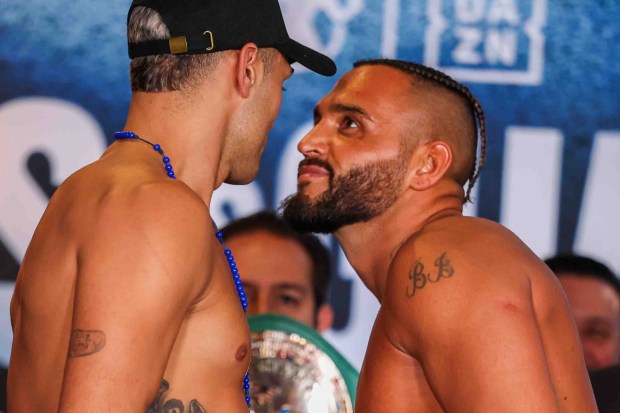 Yamil Peralta, of Argentina, left, and Robin Safar, of Las Vegas, face off during an official weigh-in ahead of their WBC Silver Cruiserweight title fight at the Hayes Mansion in San Jose, Calif., Thursday, May 21, 2026. (Ray Chavez/Bay Area News Group)