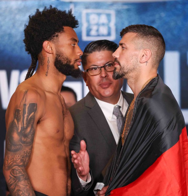 Amari Jones, of Oakland, left, and Vincenzo Gualtieri, of Germany, face off during a weigh-in at Hayes Mansion in San Jose, Calif., Thursday, May 21, 2026. Jones, an undefeated middleweight contender, and Gualtieri, a former IBF middleweight world champion, will fight in a 12-round IBF title eliminator bout on Friday at the SAP Center in San Jose. (Ray Chavez/Bay Area News Group)