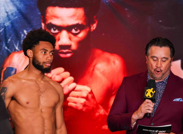 Amari Jones, of Oakland, left, is introduced during a weigh-in against Vincenzo Gualtieri, of Germany, at Hayes Mansion in San Jose, Calif., Thursday, May 21, 2026. Jones, an undefeated middleweight contender, and Gualtieri, a former IBF middleweight world champion, will fight in a 12-round IBF title eliminator bout on Friday at the SAP Center in San Jose. (Ray Chavez/Bay Area News Group)
