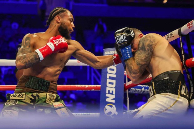 Amari Jones, of Oakland, lands a series of punches over Vincenzo Gualtieri, of Germany, during the third round of their 12-round IBF title eliminator bout at the SAP Center in San Jose, Calif., Friday, May 22, 2026. Jones won by KO in the third round. (Ray Chavez/Bay Area News Group)