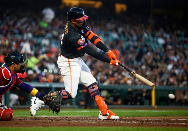 San Francisco Giants' Victor Bericoto (78) hits his first Major League Baseball single against the Arizona Diamondbacks in the fifth inning at Oracle Park in San Francisco, Calif., on Tuesday, May 26, 2026. (Nhat V. Meyer/Bay Area News Group)