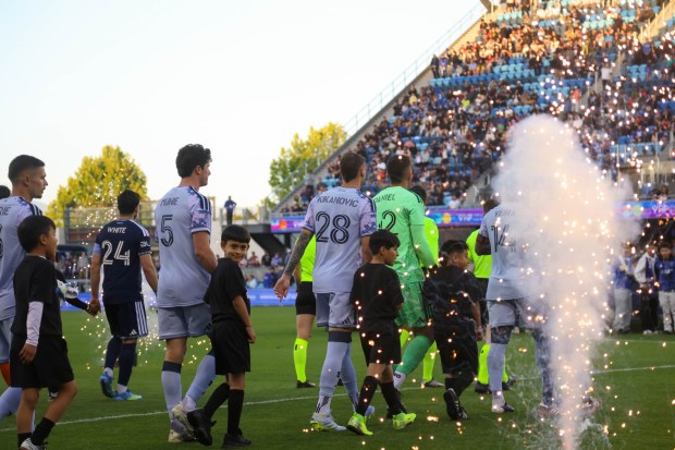 The San Jose Earthquakes walk onto the field before a game against the Vancouver Whitecaps at PayPal Park in San Jose, Calif., on Saturday, May 9, 2026.  (Shae Hammond/Bay Area News Group)