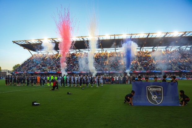 The Vancouver Whitecaps and the San Jose Earthquakes stand for the National Anthem before a game at PayPal Park in San Jose, Calif., on Saturday, May 9, 2026.  (Shae Hammond/Bay Area News Group)