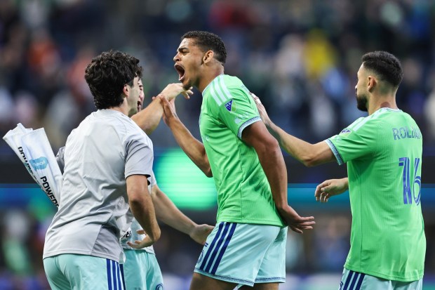 Osaze De Rosario #95 of the Seattle Sounders reacts after scoring during the second half against the San Jose Earthquakes at Lumen Field on May 13, 2026 in Seattle, Washington. (Photo by Olivia Vanni/Getty Images)