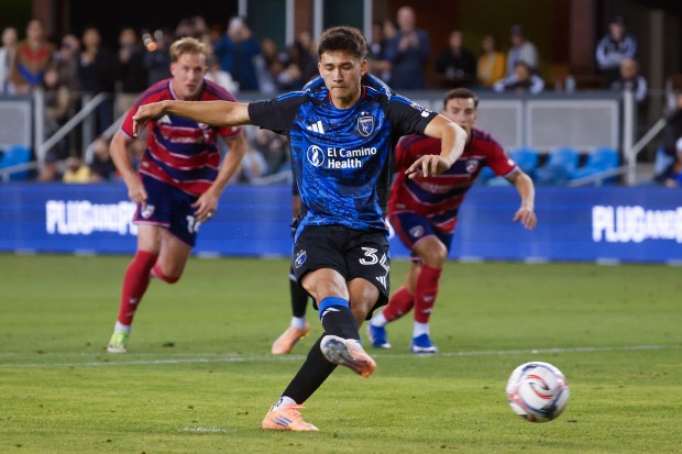 San Jose Earthquakes' Beau Leroux (34) kicks the ball against Dallas FC in the first half PayPal Park in San Jose, Calif., on Saturday, May 16, 2026.  (Shae Hammond/Bay Area News Group)