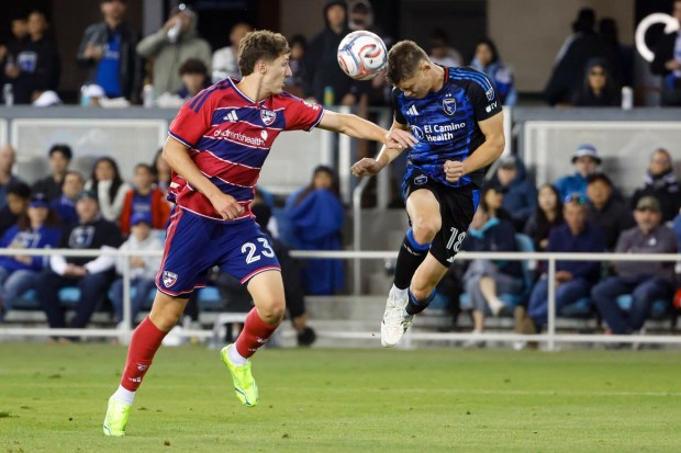 San Jose Earthquakes' Reid Roberts (18) heads the ball against Dallas FC's Logan Farrington (23) in the second half at PayPal Park in San Jose, Calif., on Saturday, May 16, 2026.  (Shae Hammond/Bay Area News Group)