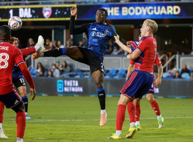 San Jose Earthquakes' Jamar Ricketts (2) jumps for the ball against Dallas FC's Joaquín Valiente (21) and Dallas FC's Herman Johansson (14) in the first half at PayPal Park in San Jose, Calif., on Saturday, May 16, 2026.  (Shae Hammond/Bay Area News Group)
