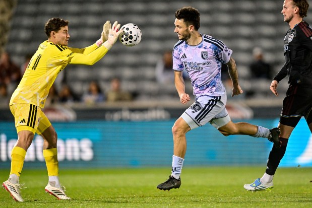 Nico Hansen #41 of the Colorado Rapids makes a save against Preston Judd #19 of the San Jose Earthquakes in the first half of their 2026 Lamar Hunt U.S. Open Cup quarterfinals match at Dick's Sporting Goods Park on May 20, 2026 in Commerce City, Colorado. (Photo by Dustin Bradford/Getty Images)