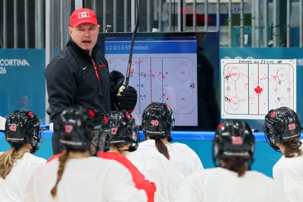 MILAN, ITALY - FEBRUARY 04: Head coach Troy Ryan of Team Canada directs his team during a training session on day minus two of the Milano Cortina 2026 Winter Olympic games at Milano Rho Ice Hockey Arena on February 04, 2026 in Milan, Italy. (Photo by Bruce Bennett/Getty Images)