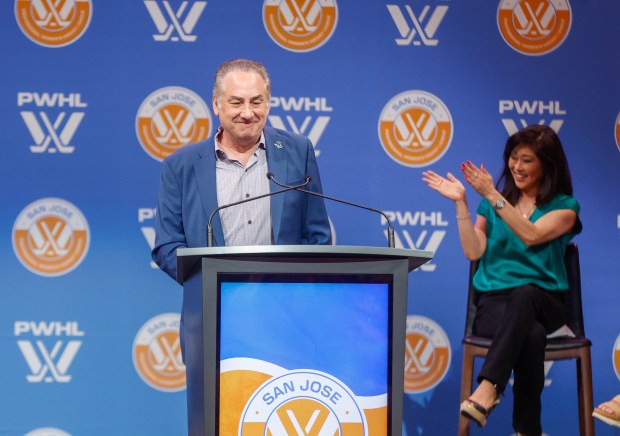Jonathan Becher, president of Sharks Sports & Entertainment, speaks during a press conference where Professional Women's Hockey League officially announces a team in San Jose at SAP Center in San Jose, Calif., on Tuesday, May 19, 2026. (Shae Hammond/Bay Area News Group)