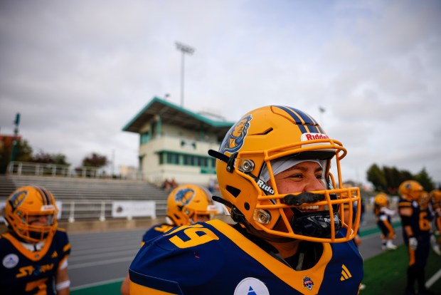 Golden State Storm's DJ Espinosa (19) smiles on the sidelines before a game against the Oregon Ravens at Laney College in Oakland, Calif., on Sunday, May 3, 2026. (Shae Hammond/Bay Area News Group)