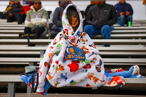 Golden State Storm's DJ Espinosa's 7-year-old son watches her on the field before a game against the Oregon Ravens at Laney College in Oakland, Calif., on Sunday, May 3, 2026. (Shae Hammond/Bay Area News Group)