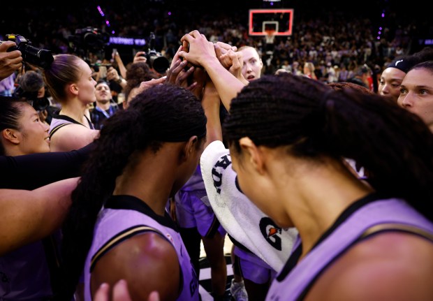 The Golden State Valkyries celebrate their 90-88 win over the Indiana Fever at the Chase Center in San Francisco, Calif., on Thursday, May 28, 2026. (Nhat V. Meyer/Bay Area News Group)
