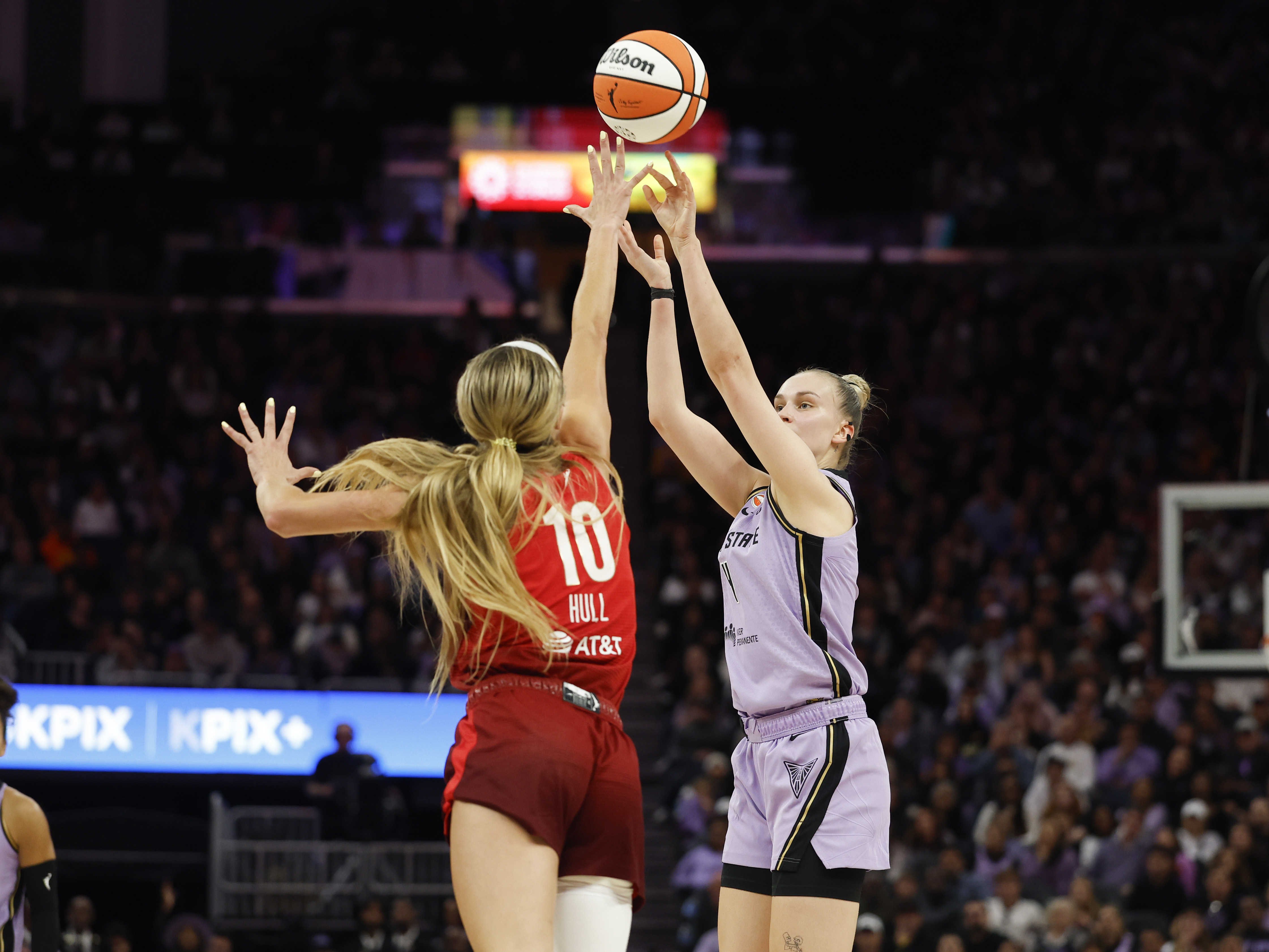 Golden State Valkyries' JustÄ JocytÄ (4) takes a shot against...