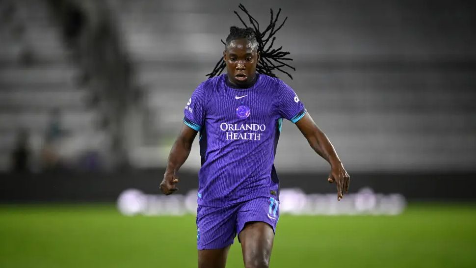 FILE - Orlando Pride forward Barbra Banda (11) controls the ball during an NWSL soccer match against Seattle Reign FC, on March 15, 2026 in Orlando, Fla. (AP Photo/Phelan M. Ebenhack, File)