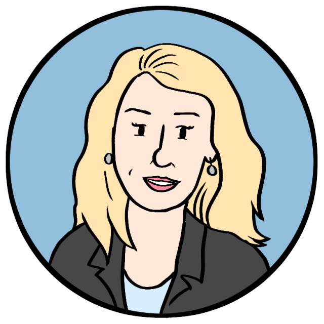 Cartoon illustration of a woman with long blonde hair, wearing a black blazer and light blue top, set against a blue circular background.
