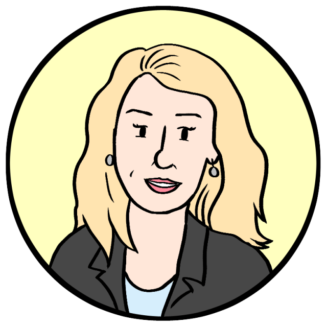 Cartoon illustration of a woman with blonde hair, wearing a black blazer and light-colored top, set against a yellow circular background.