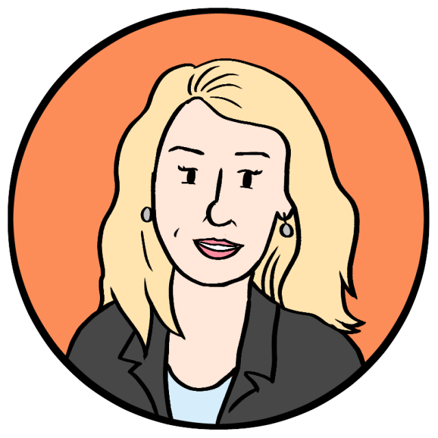 Illustration of a woman with long blonde hair, wearing a black blazer and light blue top, set against an orange circular background.