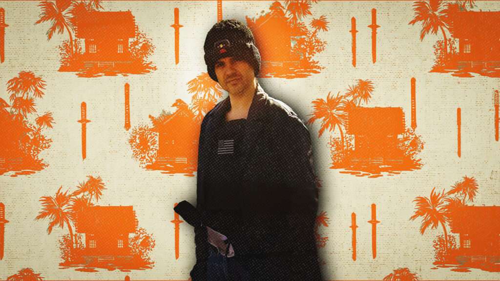 Against an illustrated background of swords and houses in orange, a man stands in a long black leather jacket, with a holstered sword.