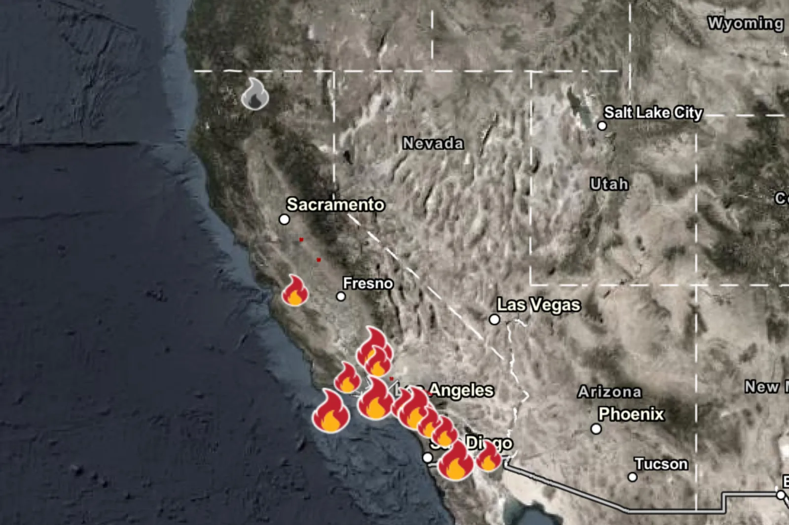 Map showing areas in California affected by current wildfires, as of May 20, 2026.