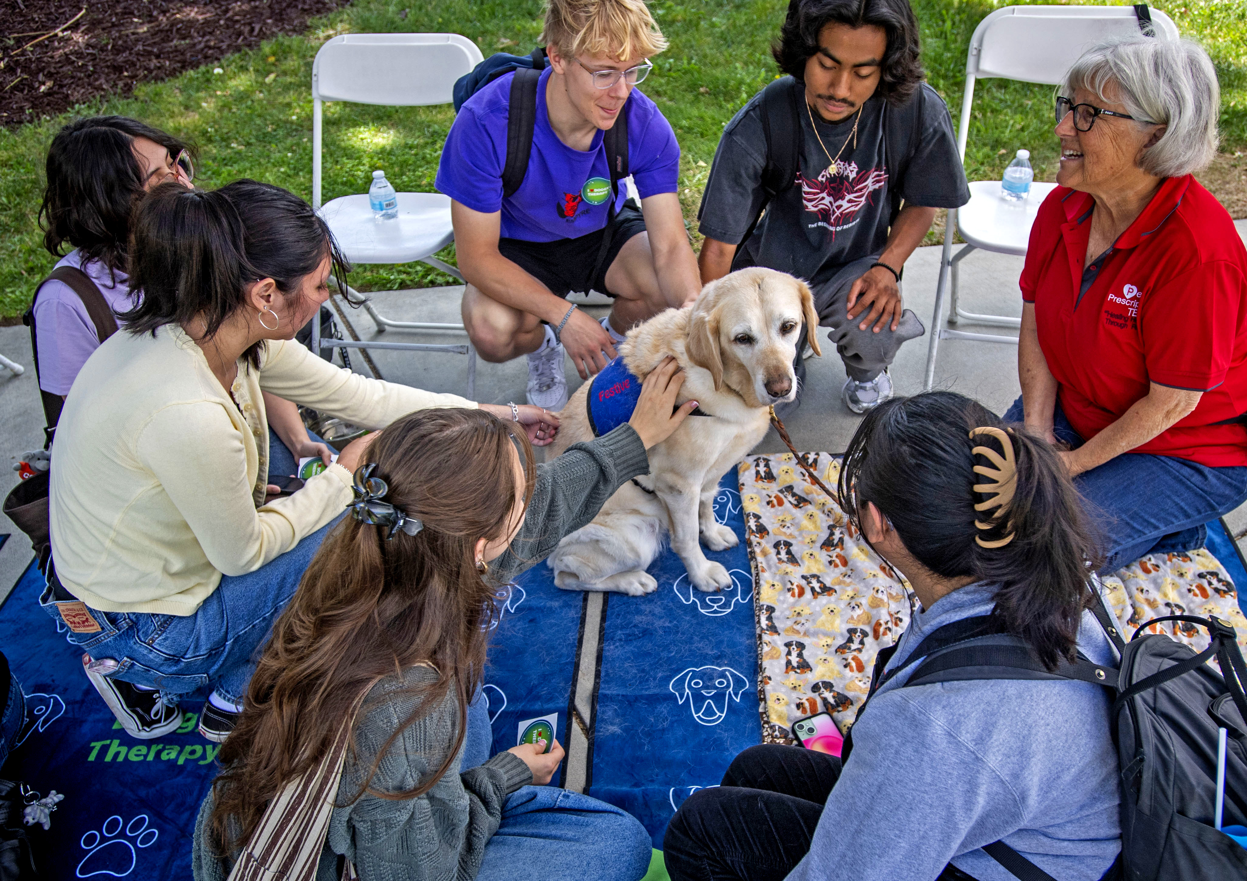 One of the therapy dogs had a circle of students...