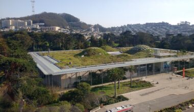 A modern building, like the Academy of Sciences, features a green roof covered in plants, surrounded by trees, with hills, city buildings, and a red bus in the background.