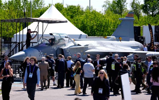 A Saab Gripen multirole fighter aircraft is exhibited at the Canadian Association of Defence and Security Industries annual defense industry trade show CANSEC, in Ottawa, on Wednesday, May 27, 2026. (Justin Tang/The Canadian Press via AP)