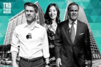 Matt Mahan, Jaime Lee and Rick Caruso with 626 Wilshire Boulevard and 725 South Figueroa Street