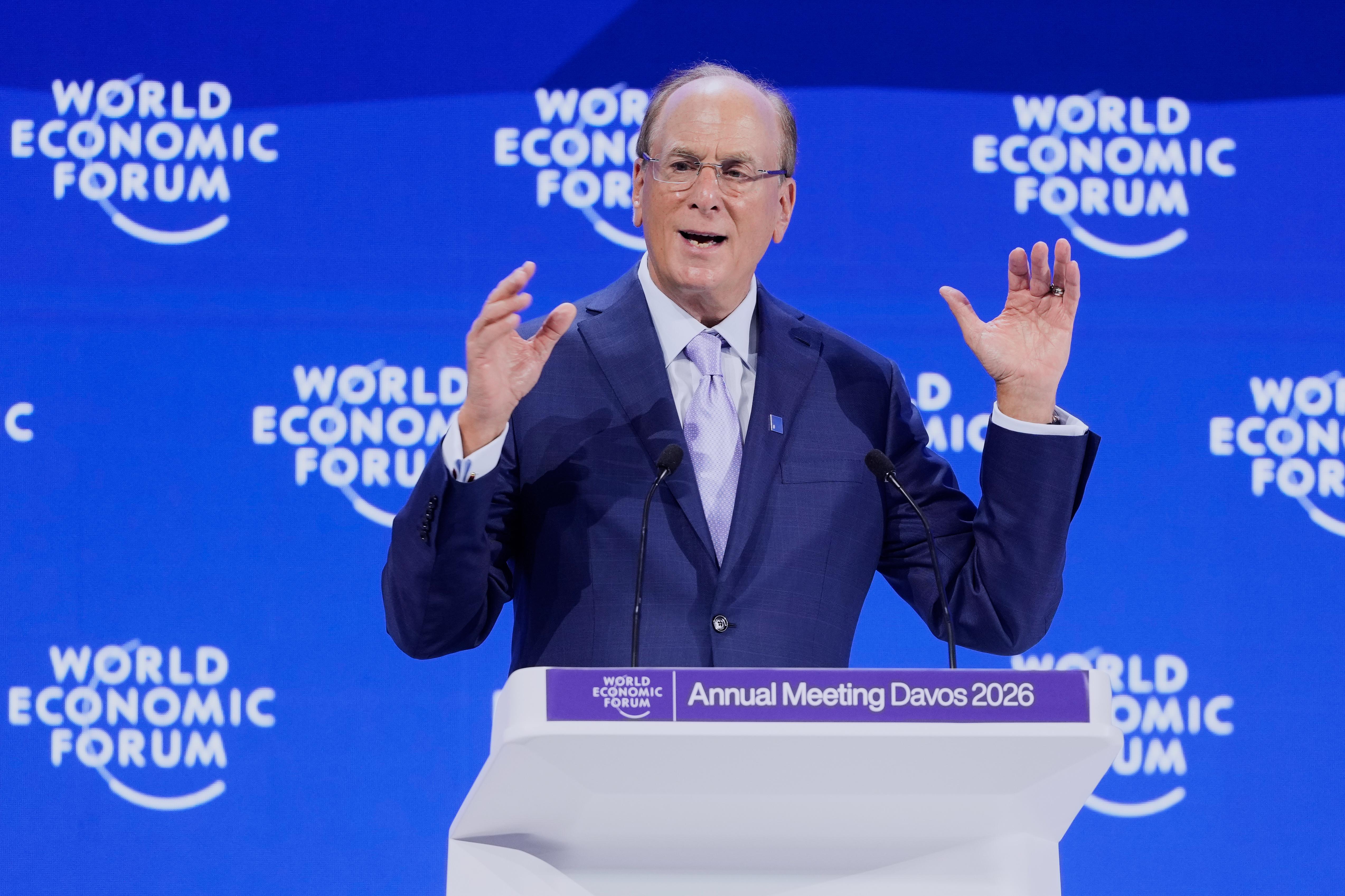 BlackRock CEO Larry Fink talks during the Annual Meeting of the World Economic Forum.