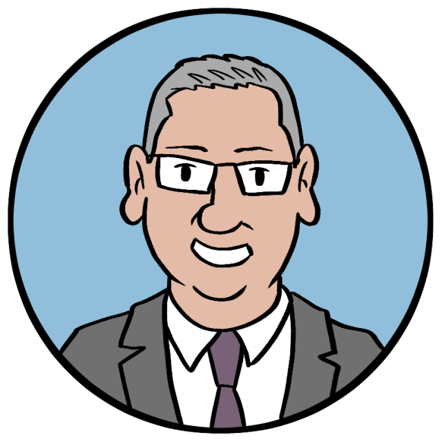 Cartoon illustration of a man with glasses, short gray hair, and a suit with a tie, shown inside a blue circular frame.