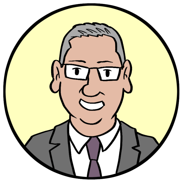 Cartoon illustration of a smiling man with short gray hair, glasses, and a suit and tie, set against a light yellow circular background.