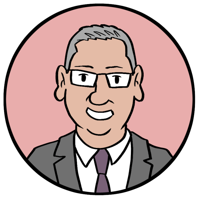 Illustration of a smiling man with glasses, short gray hair, and wearing a suit and tie, set against a pink circular background.