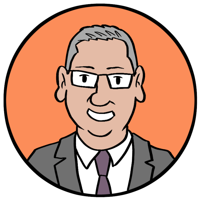 Cartoon illustration of a man with short gray hair, glasses, and a suit with a tie, shown against an orange circular background.