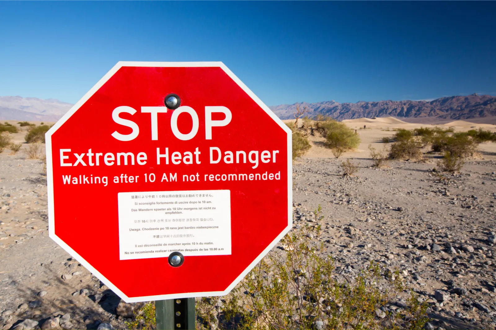 An extreme heat danger sign in Death Valley which is the lowest, hottest and driest place in the USA.