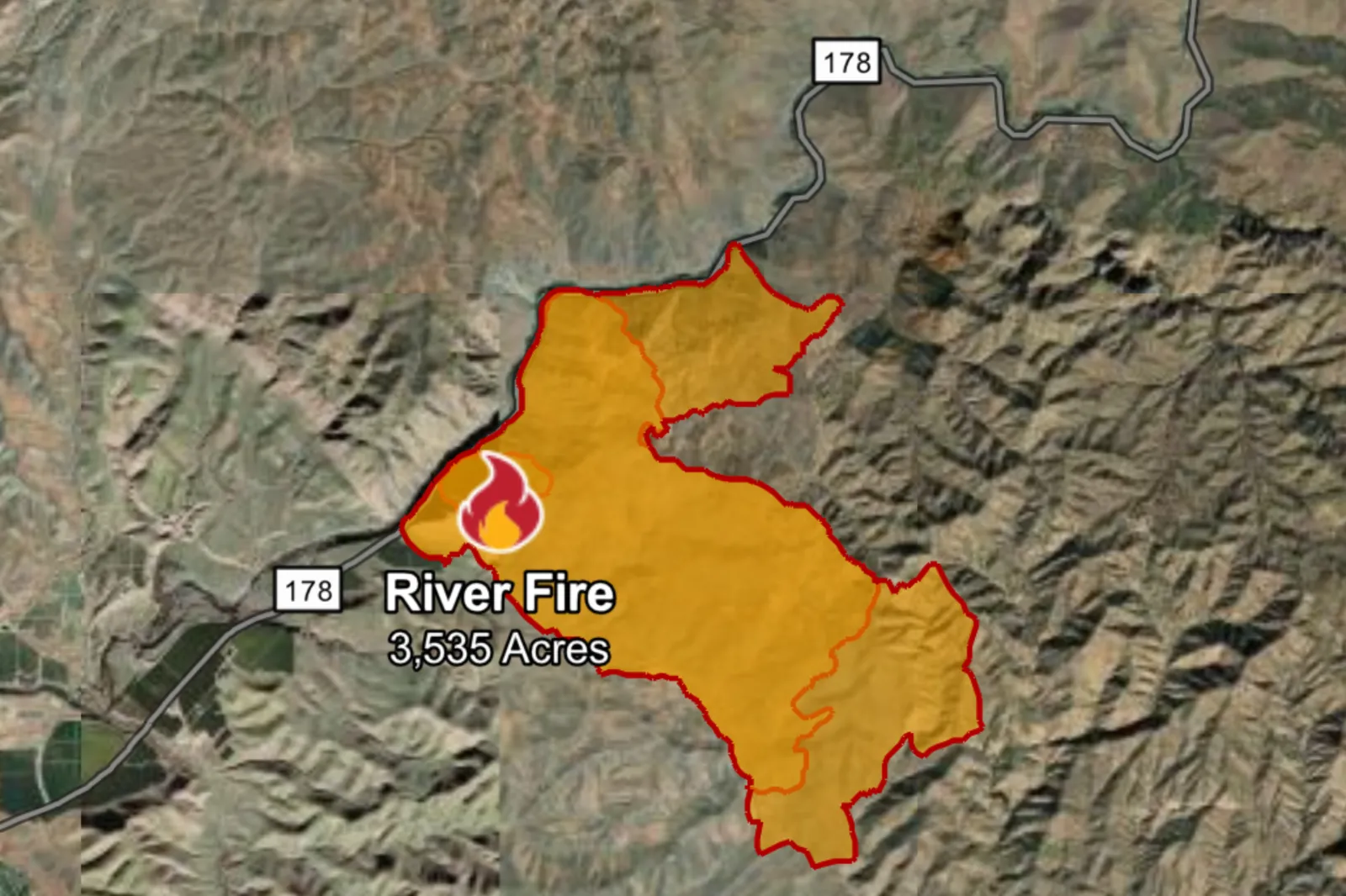 Map showing areas affected by the River Fire in Kern.
