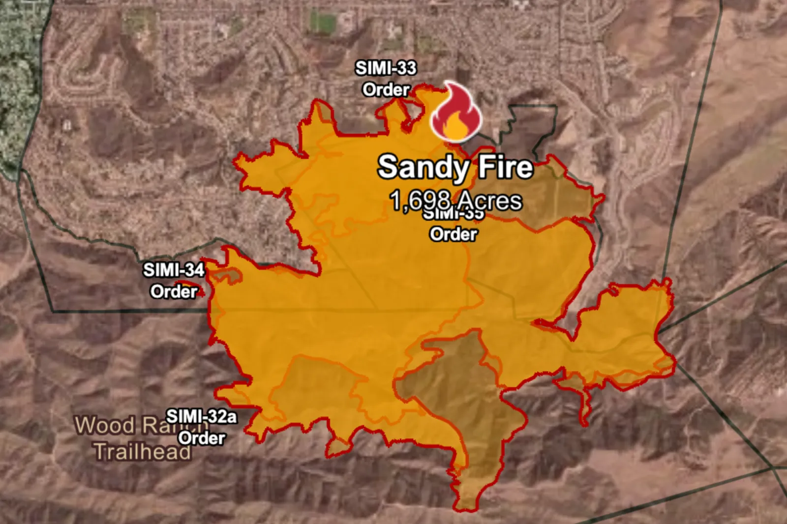 Map showing areas affected by the Sandy Fire in Ventura County.