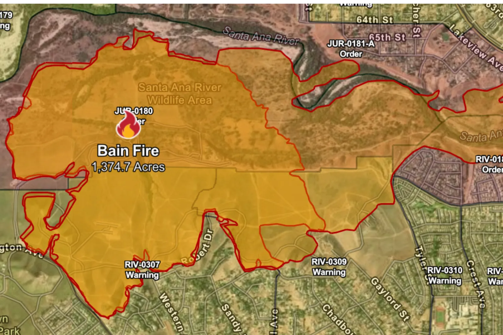 Map showing areas affected by the Bain Fire in Riverside County.