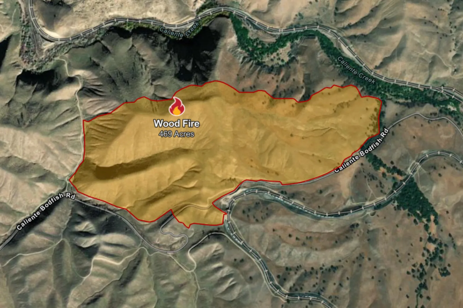 Map showing areas affected by the Wood Fire in Kern County.