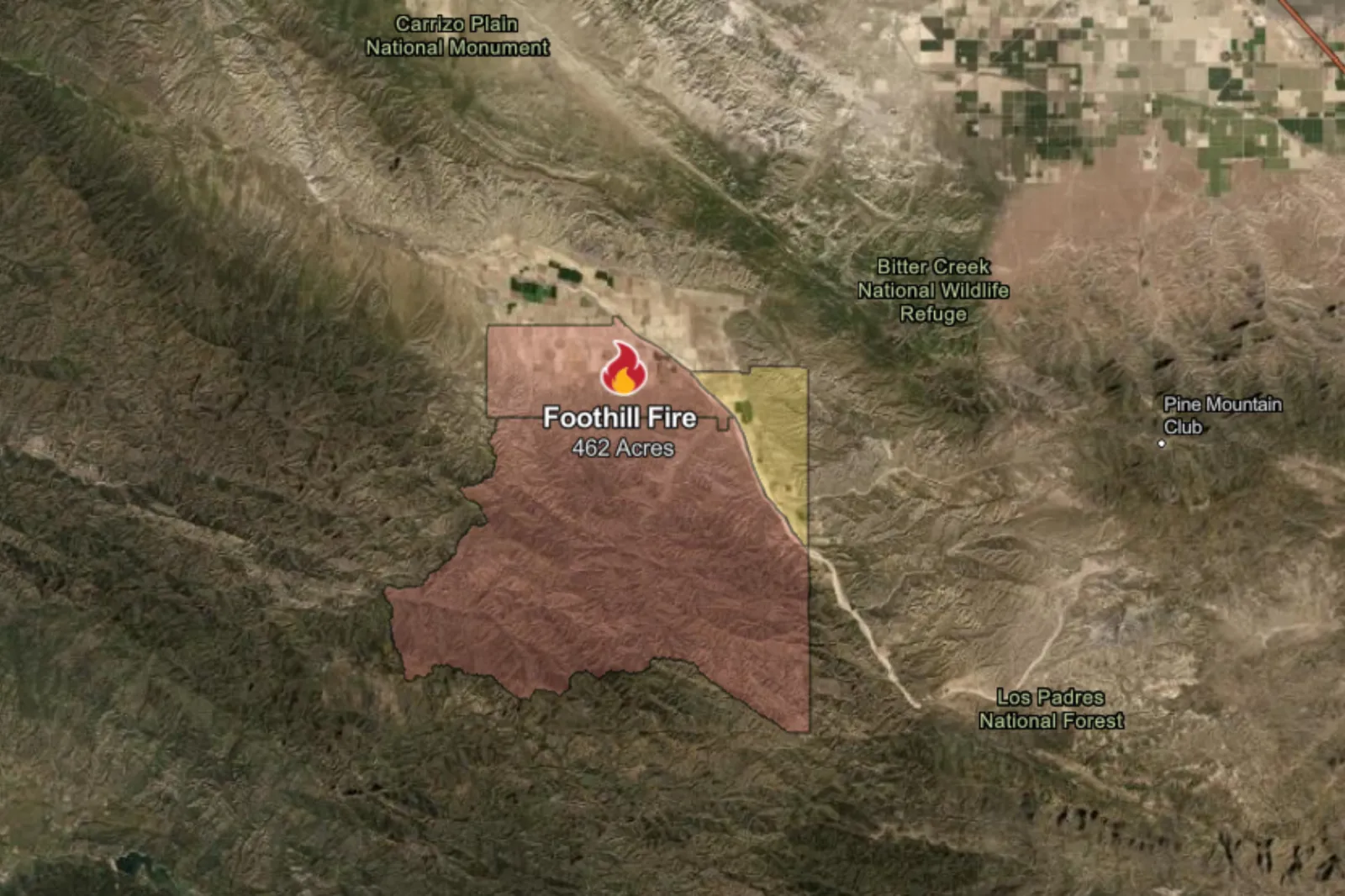 Map showing areas affected by the Foothill Fire in Santa Barbara County.